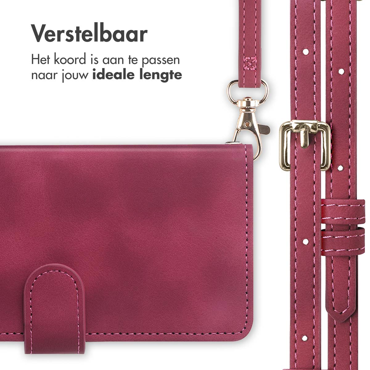 Un étui de téléphone avec une sangle et une boucle est exposé. Le texte 'Verstelbaar' est visible.