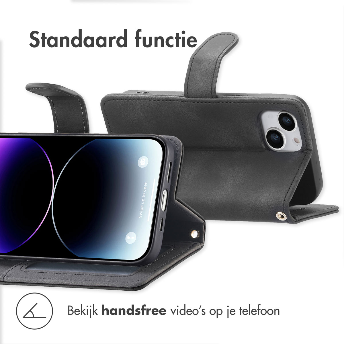 Zwarte telefoon met een zwarte hoes. Hoes is open, telefoon wordt weergegeven. Witte achtergrond.