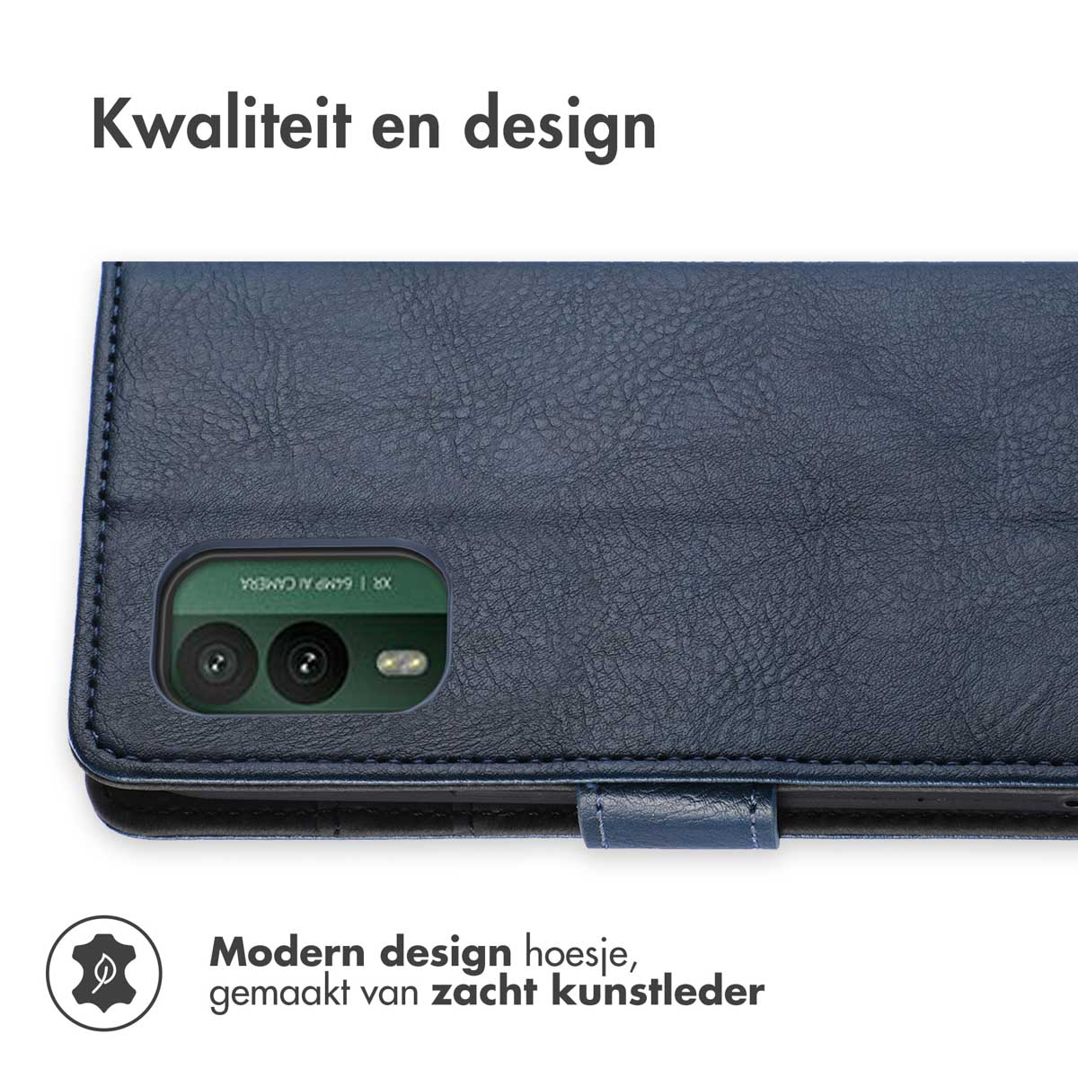 Blaue Leder-Handyhülle, die das Telefon zeigt. Cremefarbener Hintergrund.