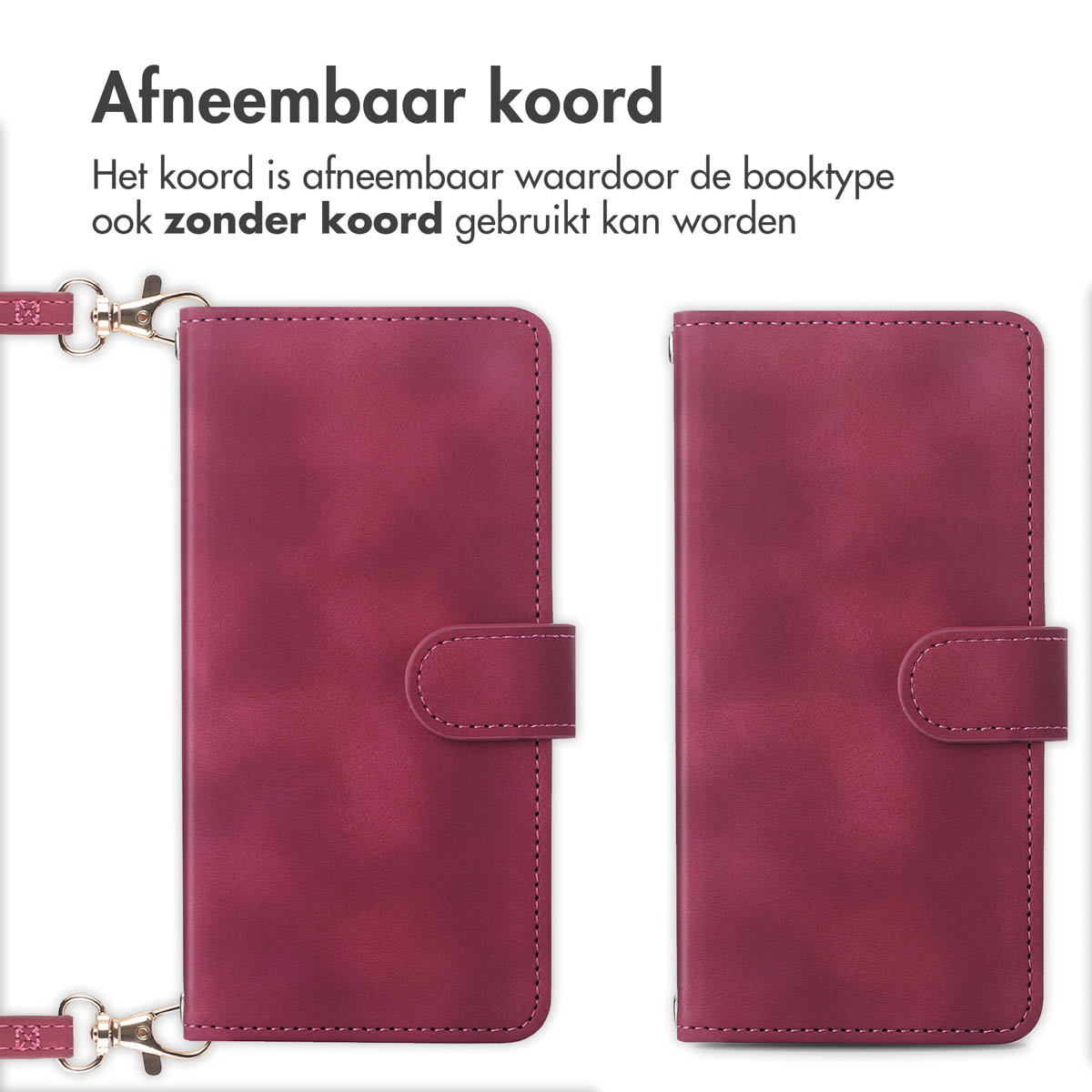 Twee bordeauxrode telefoonhoesjes, één open. Tekst: Afneembaar koord.