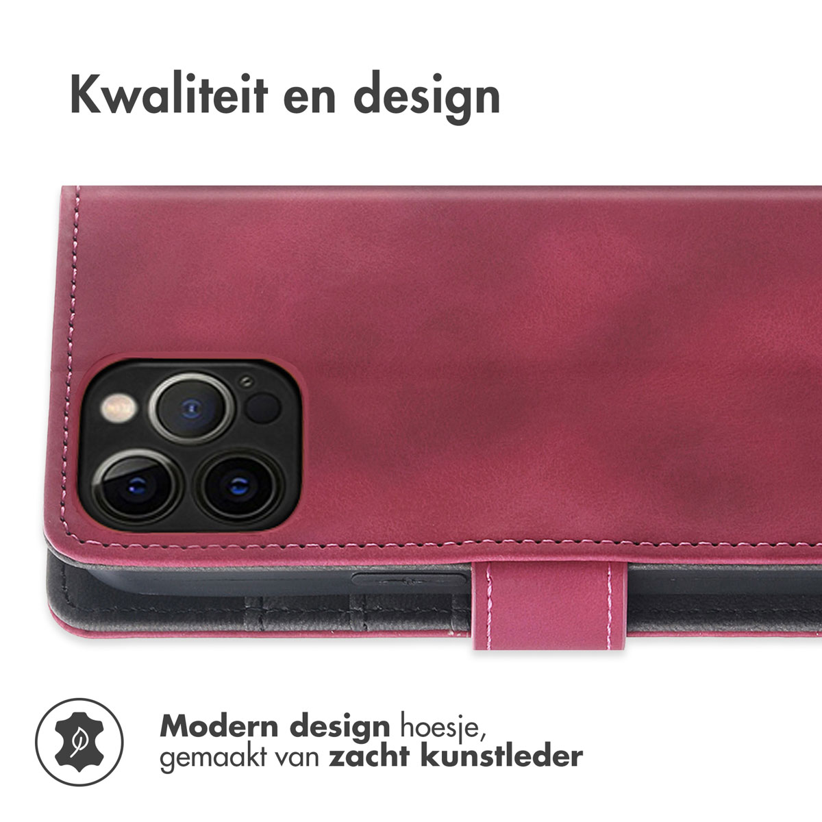Bordeauxrode leren telefoonhoes met camera en magnetische sluiting.