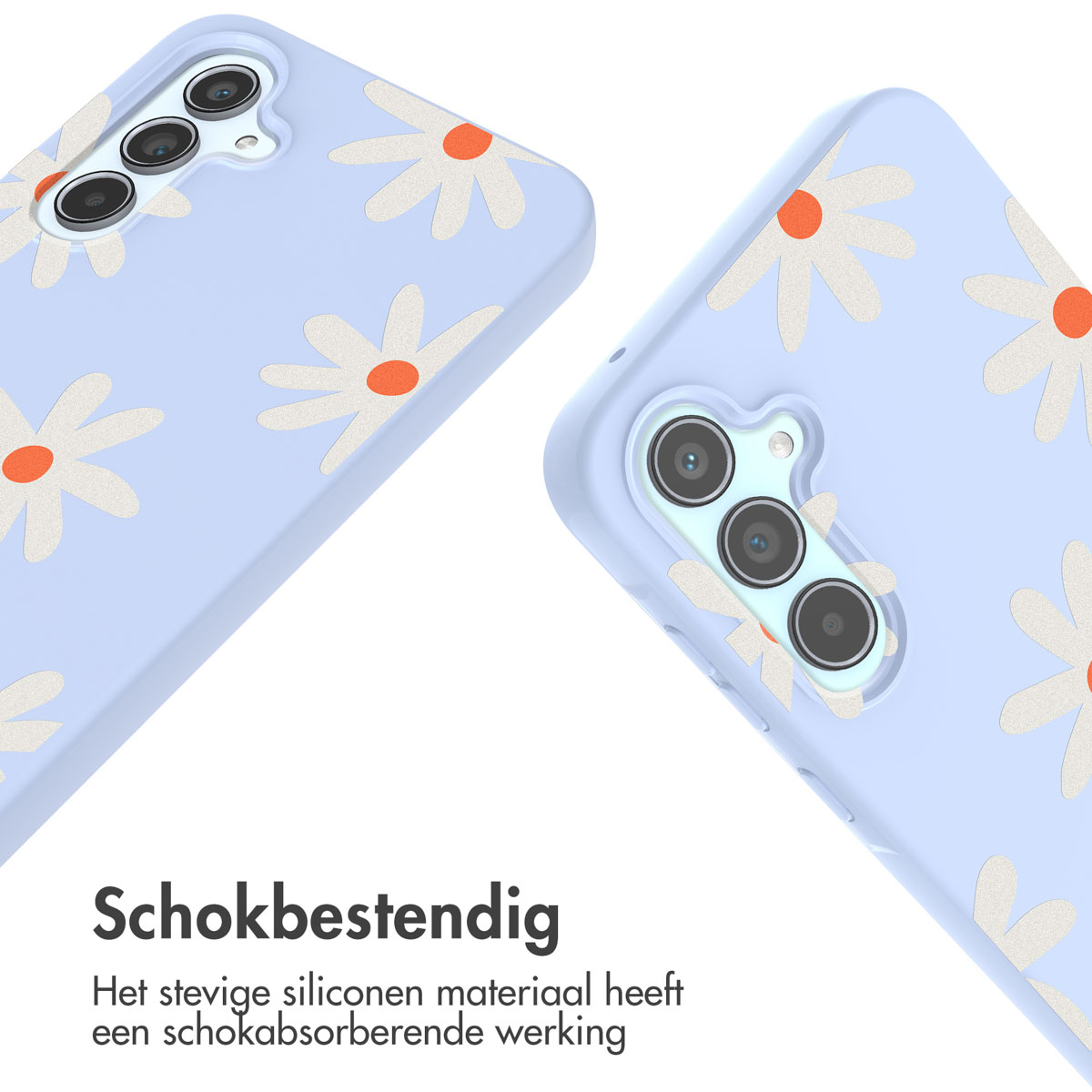 Deux coques de téléphone avec motifs de marguerites. Une est inclinée vers la caméra.