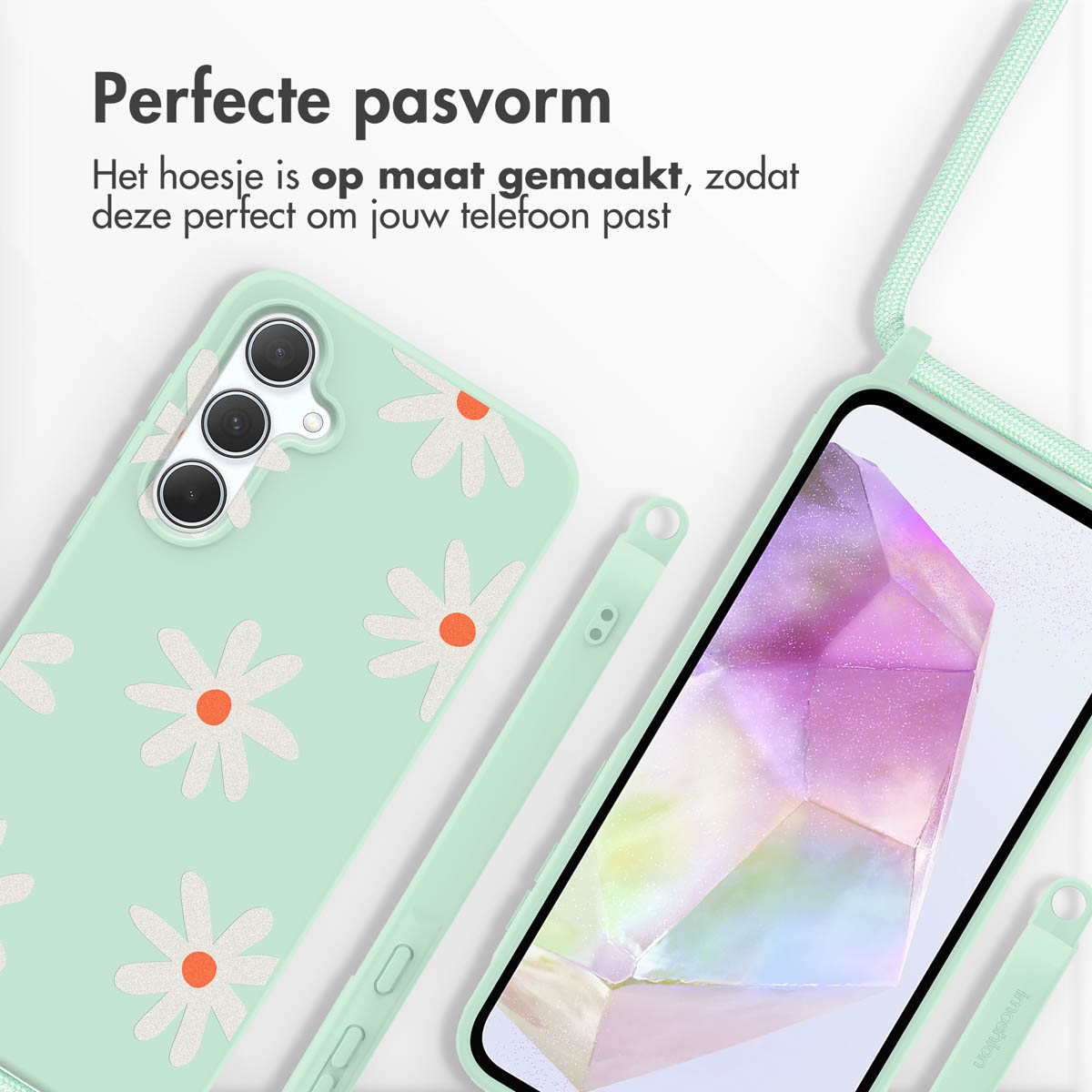 Coque de téléphone menthe avec motif de fleurs blanches et un téléphone.