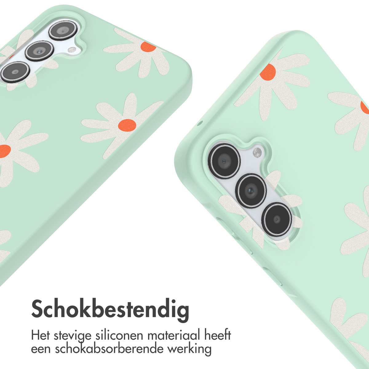 Deux coques de téléphone vert menthe avec des motifs de marguerites. Marguerites blanches avec centres oranges. Fond blanc.