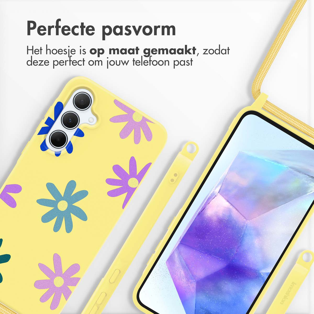 Gele telefoonhoes met bloemenontwerp. Telefoon en lanyard. Tekstoverlay: "Perfecte pasvorm".
