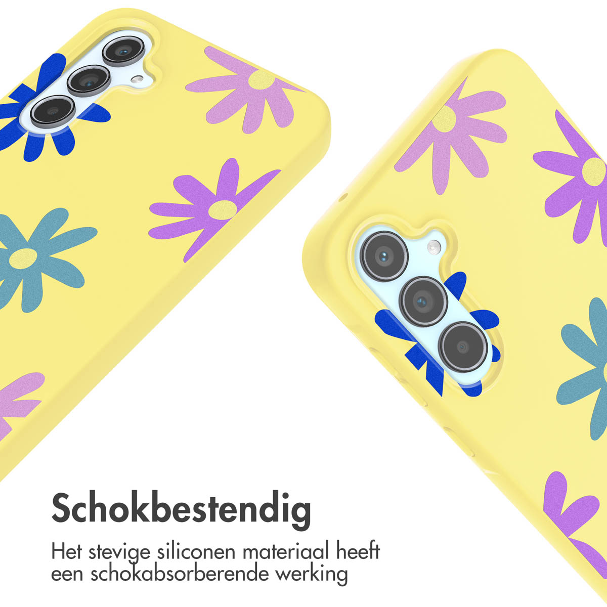 Gele telefoonhoesjes met blauw en paars bloemenpatroon.