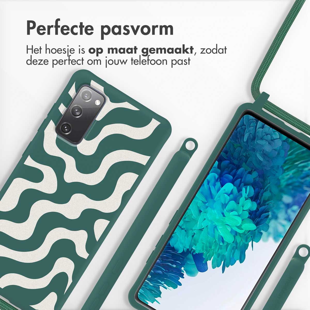 Custodia per telefono con un design a onde. Il telefono è nella custodia con un cinturino verde attaccato.