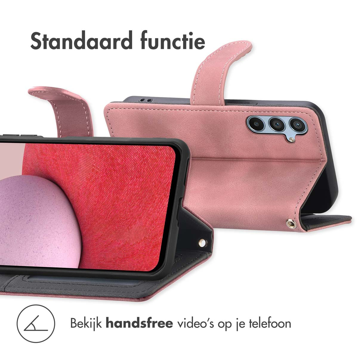 Roze telefoonhoes, open. Telefoonscherm zichtbaar. Tekst: Standaardfunctie. Bekijk video's.