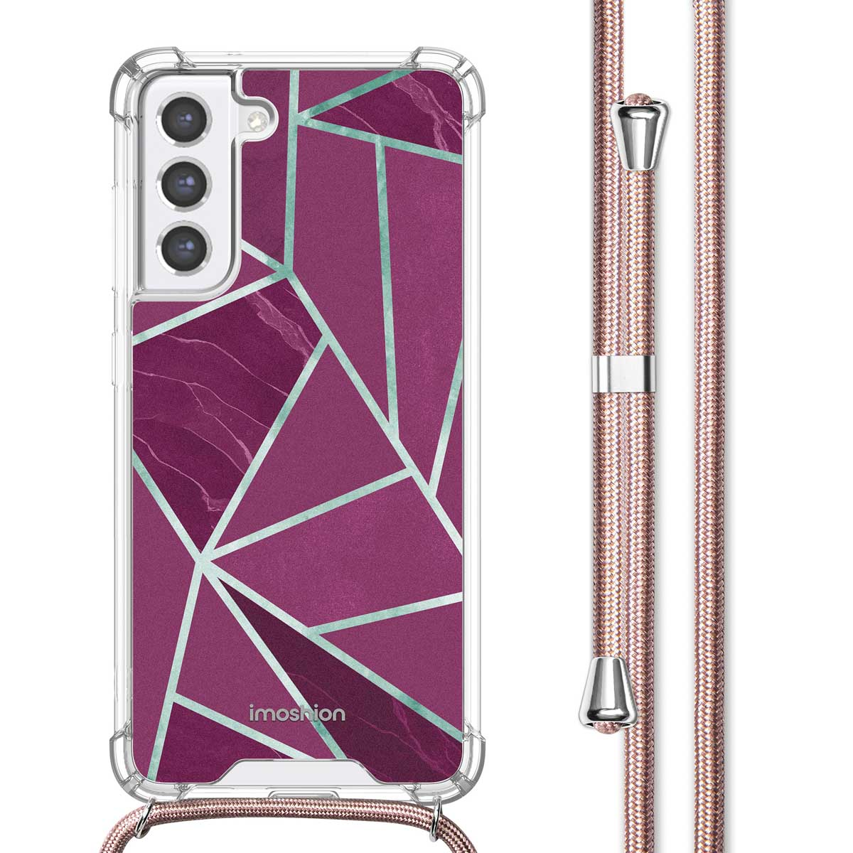 Coque de téléphone transparente avec un motif géométrique sur fond violet, avec un cordon rose.