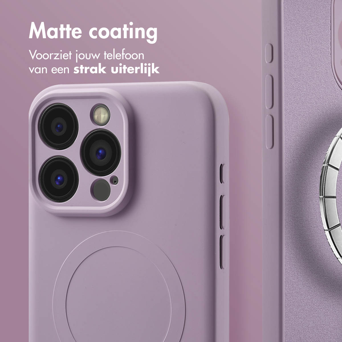 Nahaufnahme einer lila Handyhülle mit matter Oberfläche. Lilafarbener Hintergrund.