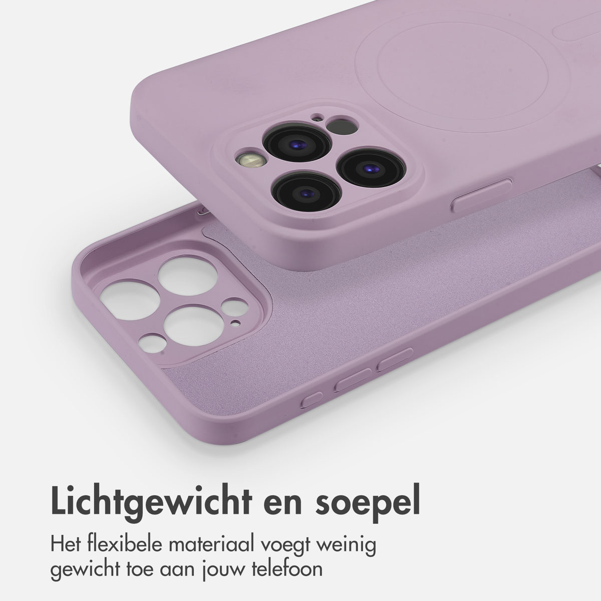 Lila Handyhülle mit Telefon. Weißer Hintergrund. Text: Leicht und flexibel.
