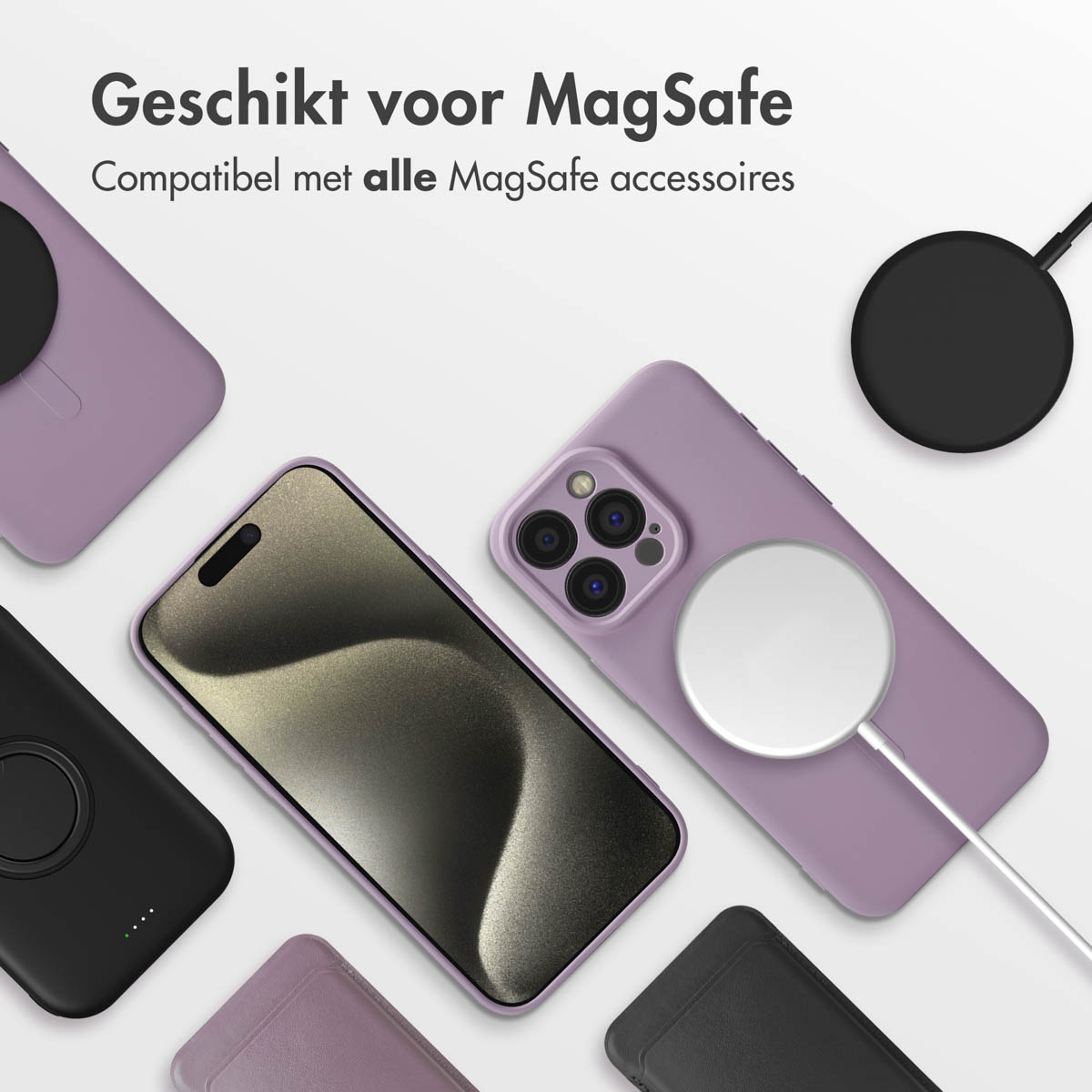 Verschiedene lila und schwarze Handyhüllen mit Telefonen und MagSafe-Zubehör. Weißer Hintergrund.