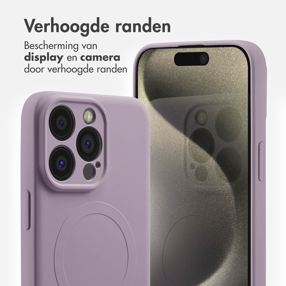 Lila Handyhülle mit erhöhten Rändern. Schützt Display und Kamera. Weißer Hintergrund.