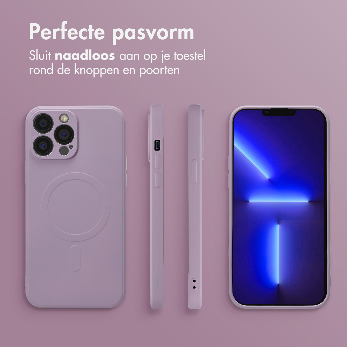 Coque de téléphone lilas avec plusieurs vues. Un téléphone avec écran bleu est visible.