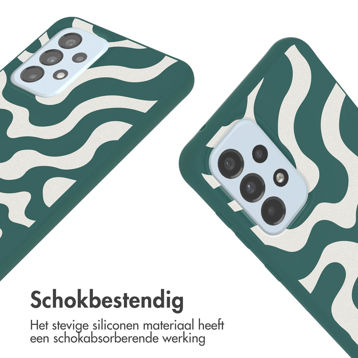 Twee telefoonhoesjes, donkergroen met wit golfpatroon, op een licht oppervlak.