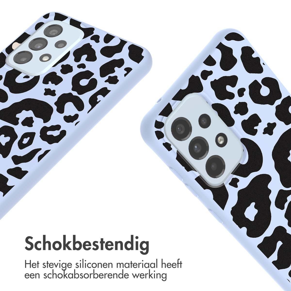 Deux coques de téléphone avec fond bleu clair et imprimé léopard noir.
