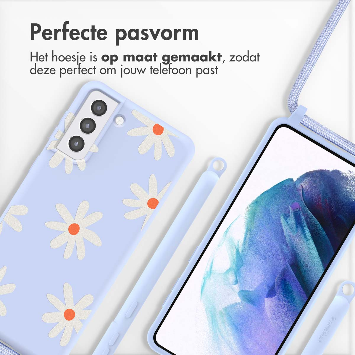 Lichtblauw telefoonhoesje met witte bloemen en een stylus. Tekst: perfecte pasvorm.