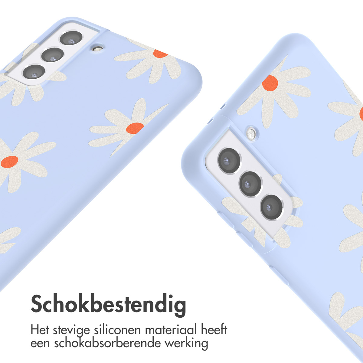Twee telefoonhoesjes, met een blauwe achtergrond met witte madeliefpatronen en tekst.