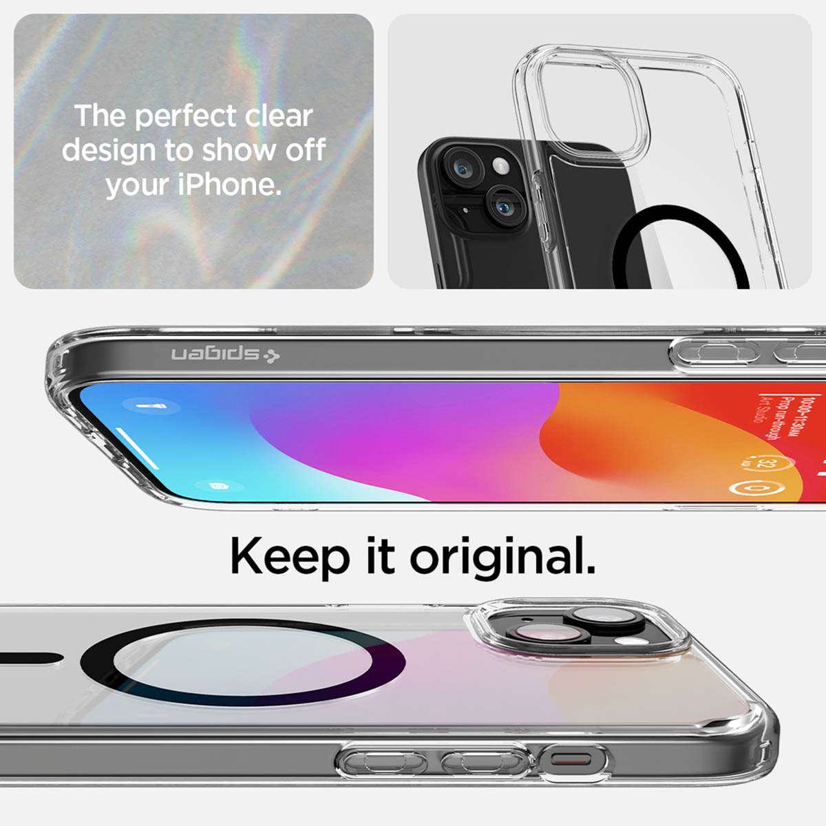 Clear phone case on iPhone. Text: Perfect clear design. Shows phone. Keep it original.