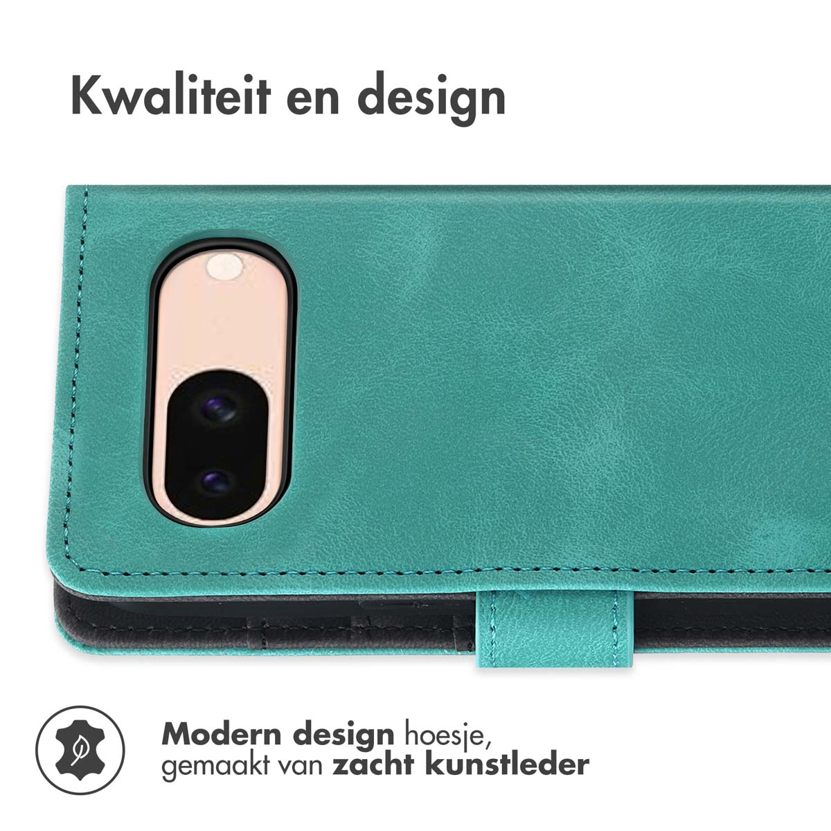 Étui de téléphone turquoise avec découpe. Design pliable avec languette magnétique.