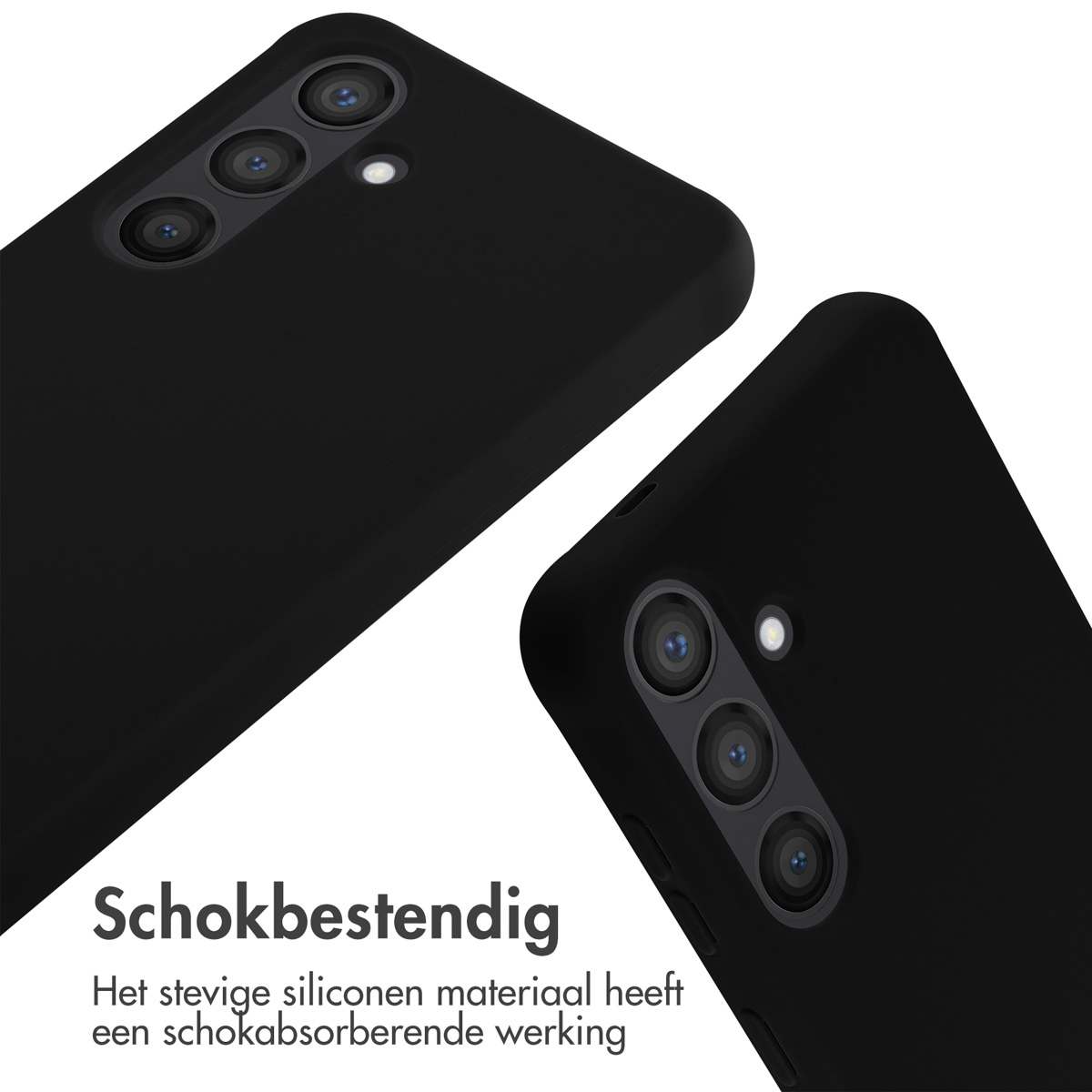 Twee zwarte telefoonhoesjes met camera. Tekst zegt: Schokbestendig.