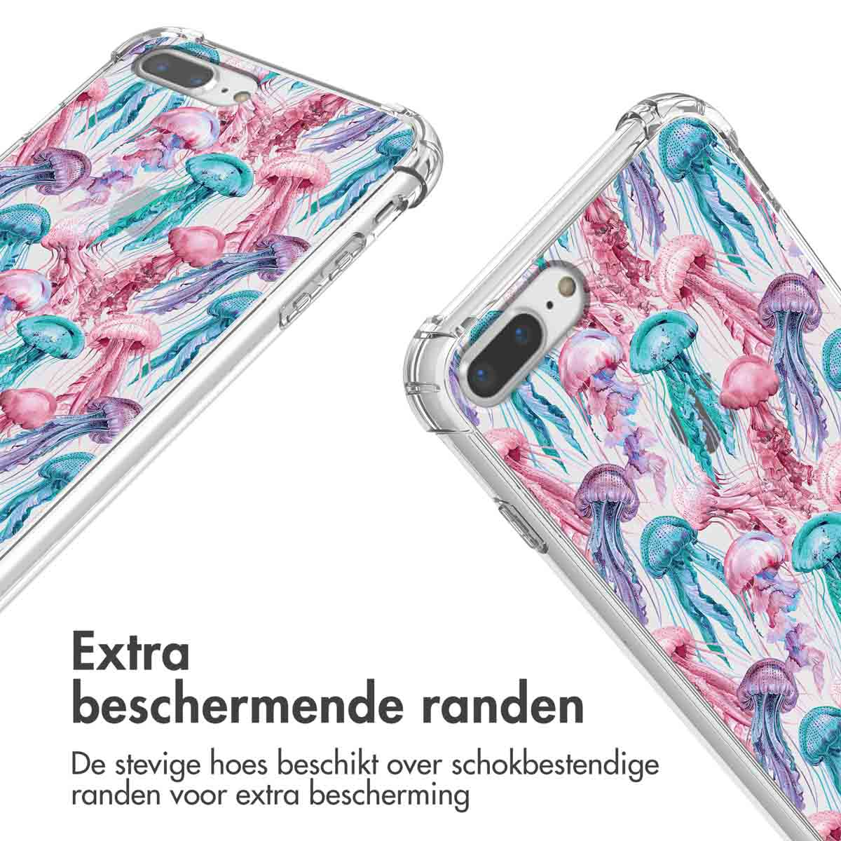 Deux coques de téléphone avec un motif de méduses. Le texte dit : Bords de protection supplémentaires.