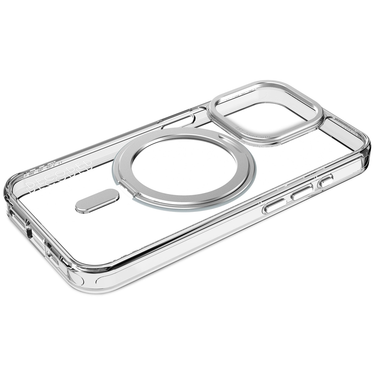 Custodia trasparente per telefono con anello MagSafe argentato. Sfondo bianco.