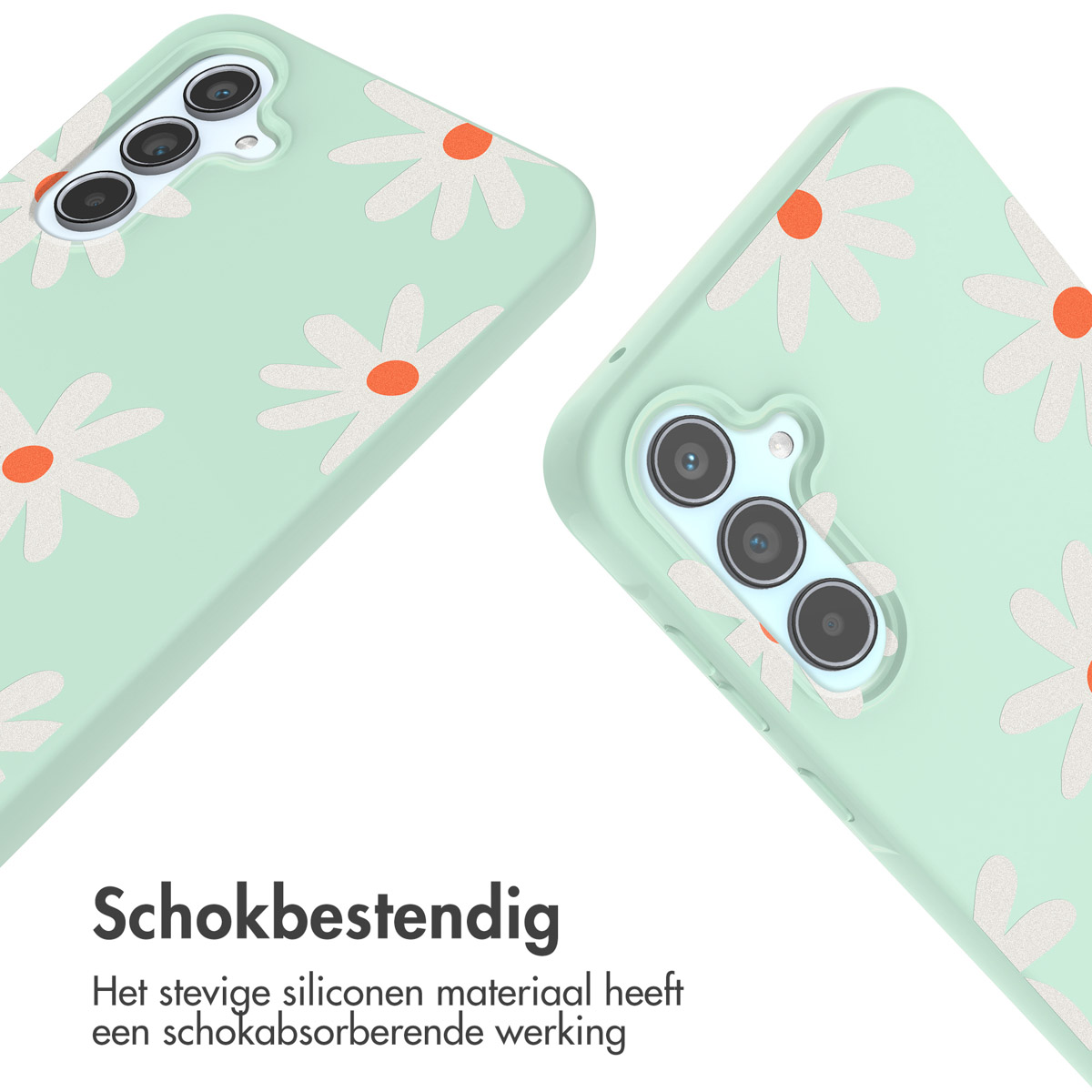 Deux coques de téléphone vert menthe avec un motif de marguerites, texte en bas.