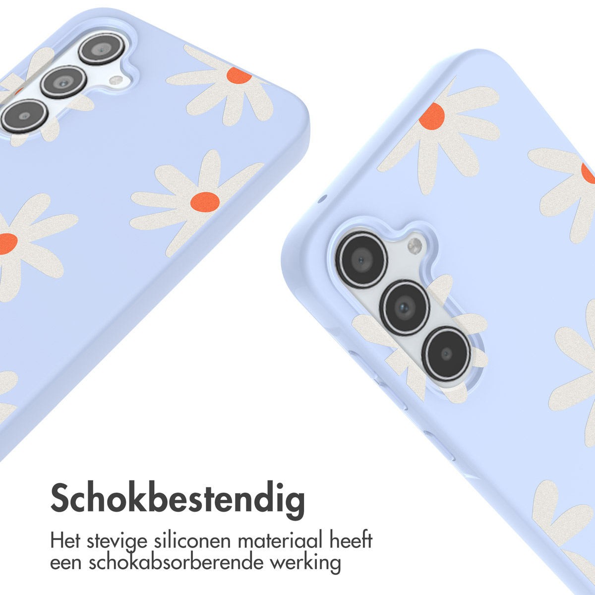 Deux coques de téléphone avec des motifs de marguerites. Fond bleu clair, marguerites blanches.