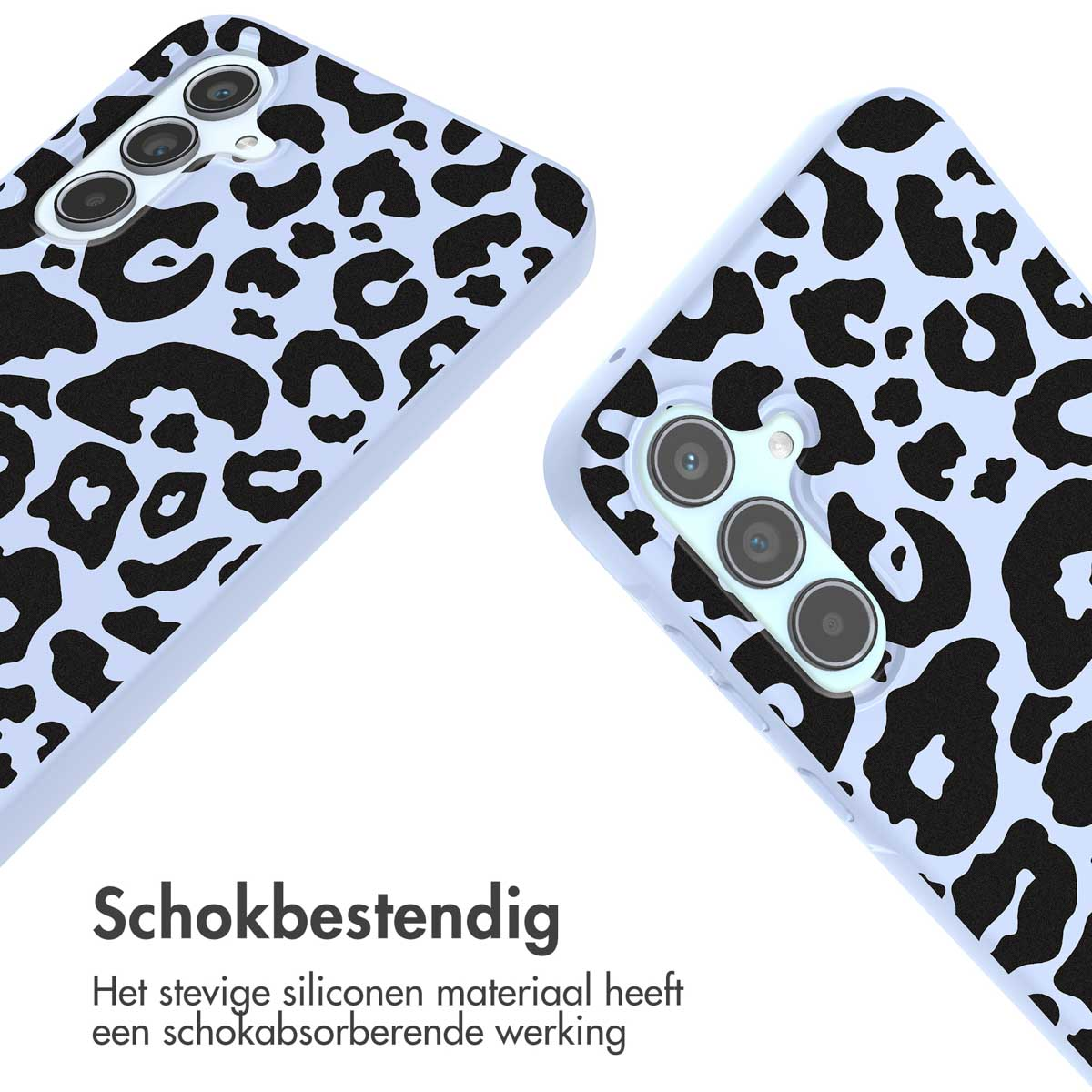 Deux coques de téléphone avec un imprimé léopard noir sur fond bleu clair. Texte en dessous.