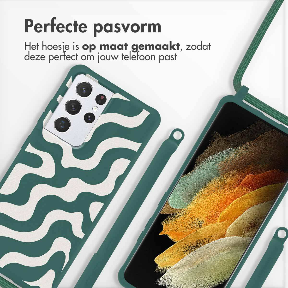 Groene telefoonhoes met een golvend patroon, en een telefoon met een kleurrijke achtergrond.