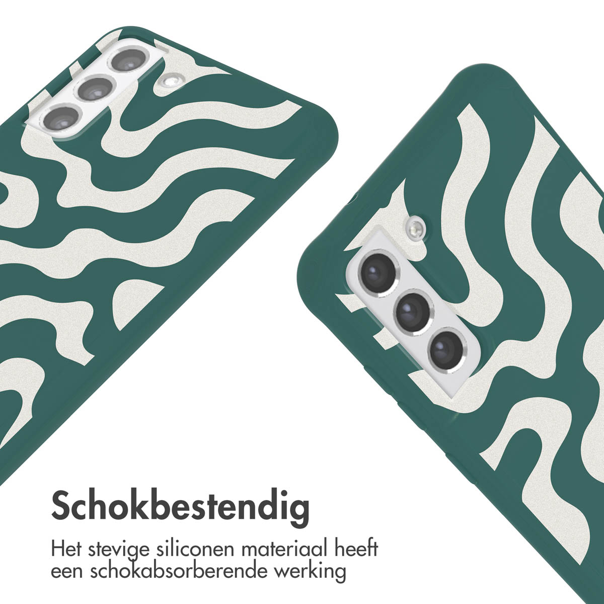 Telefoonhoesjes met een groen-wit ontwerp. Verschillende hoeken worden getoond.