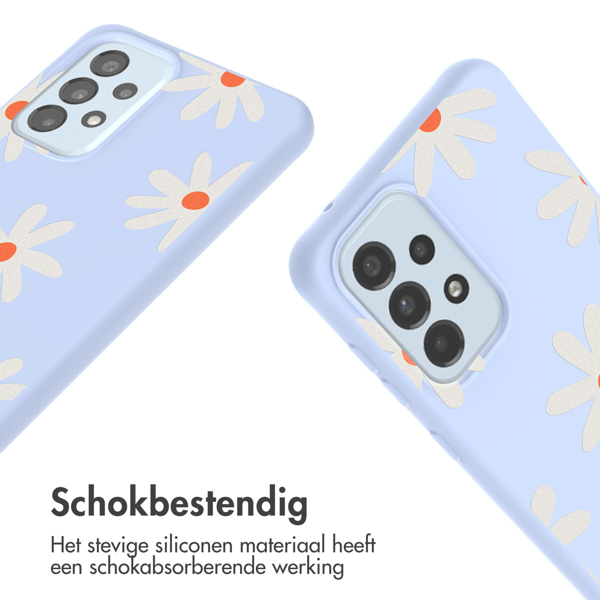 Twee telefoonhoesjes met een madeliefjespatroon op een lichtblauwe achtergrond. Witte achtergrond.