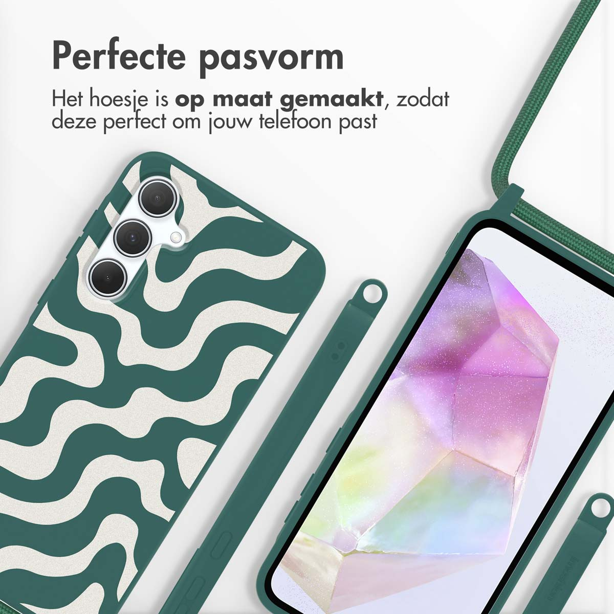 Coque de téléphone avec motif de vagues vertes et blanches sur fond blanc.