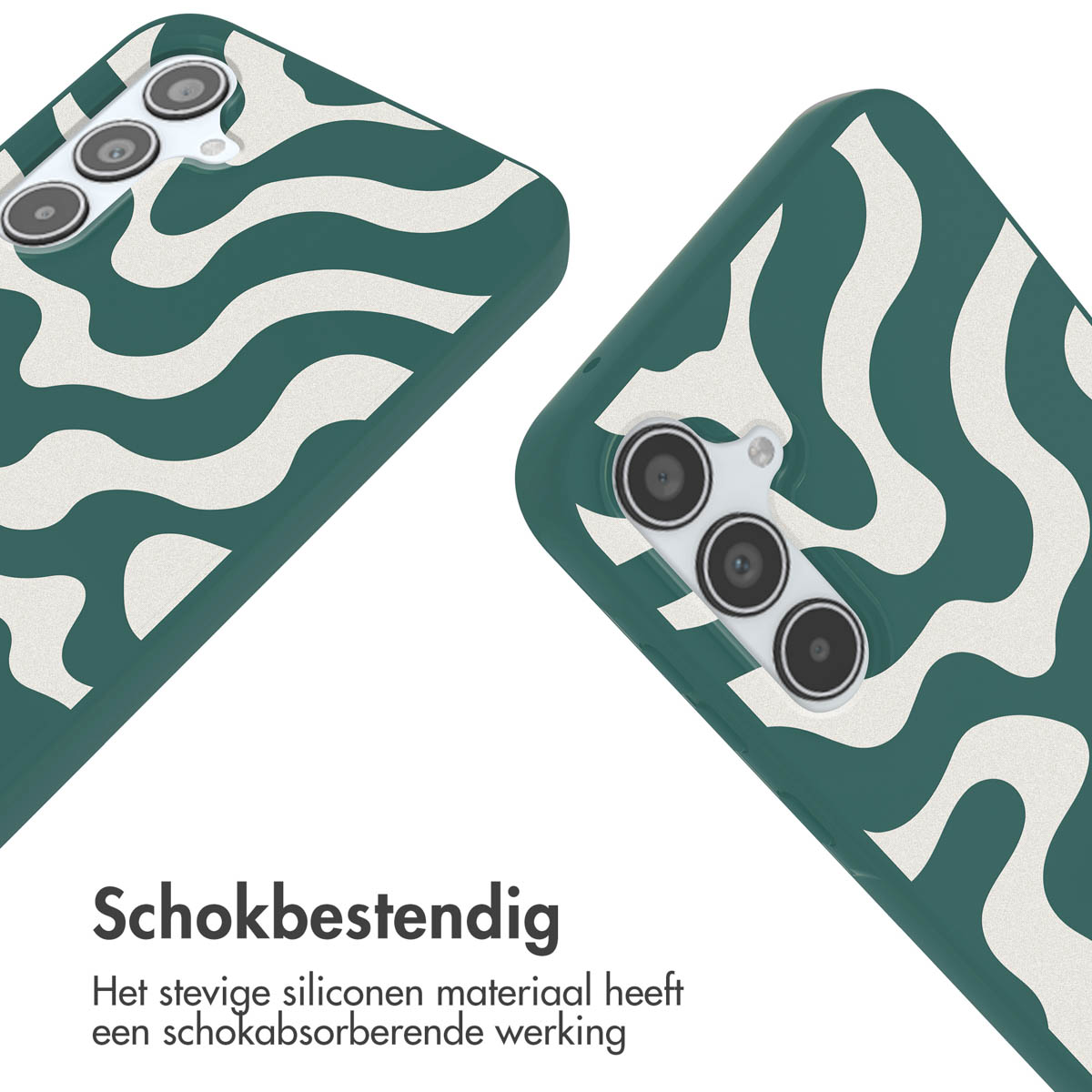 Coque de téléphone verte avec des lignes ondulées blanches, gros plan. Texte en néerlandais.