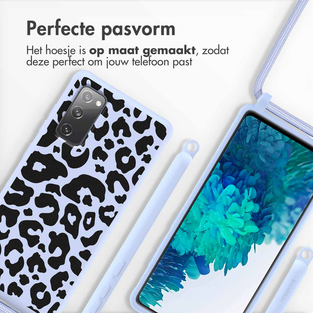 Custodia per telefono con stampa leopardata, telefono con schermo blu e cinturino.