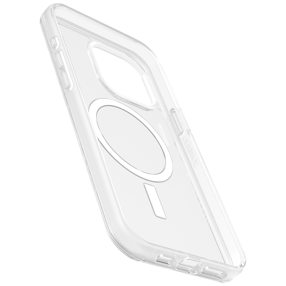 Een doorzichtige telefoonhoes met een magnetische ring op de achterkant, die de binnendetails laat zien.