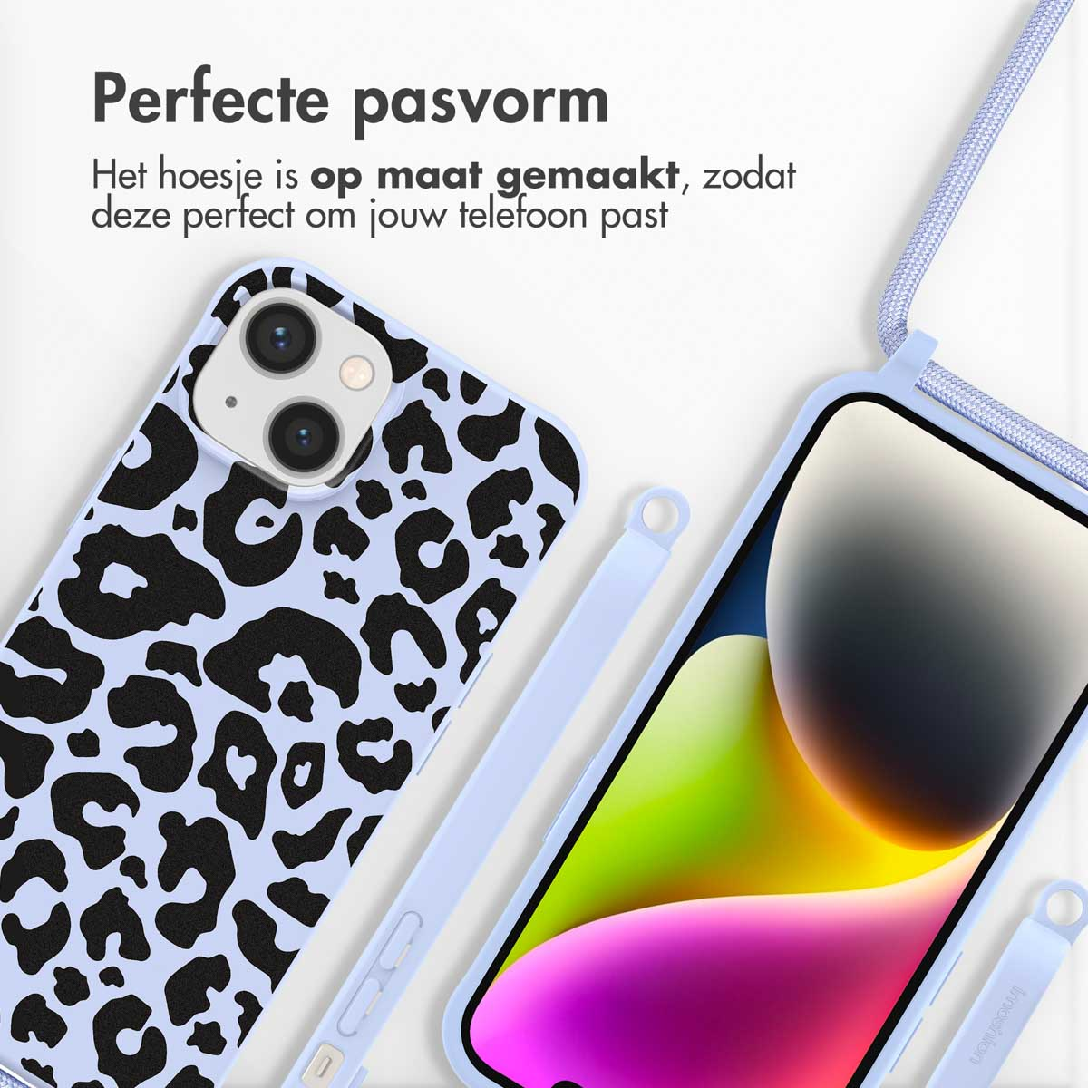 Handyhülle mit Leopardenmuster, Telefon in blauer Hülle mit blauem Band. Isoliert.