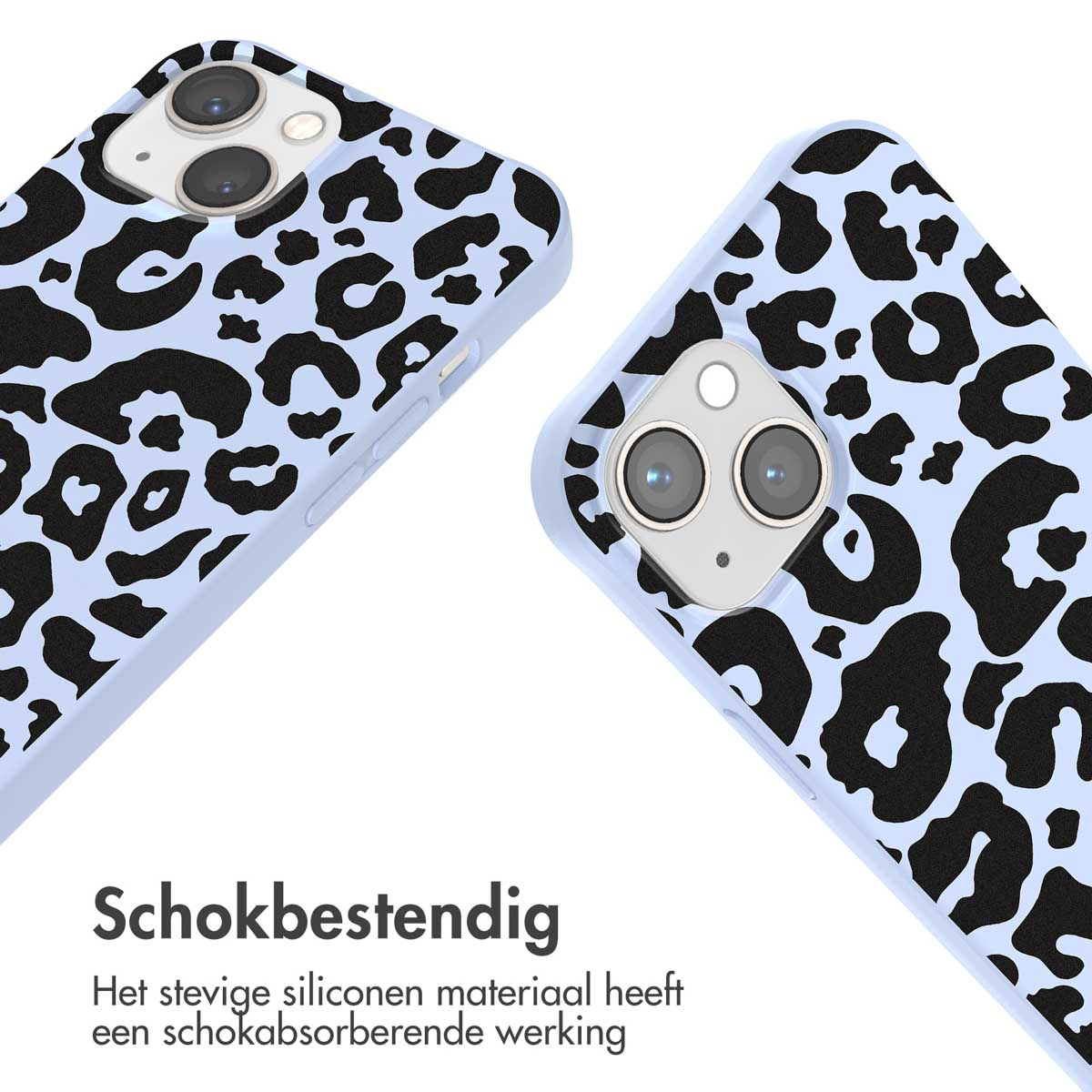 Zwei Handyhüllen mit hellblauem Hintergrund und schwarzem Leopardenmuster.