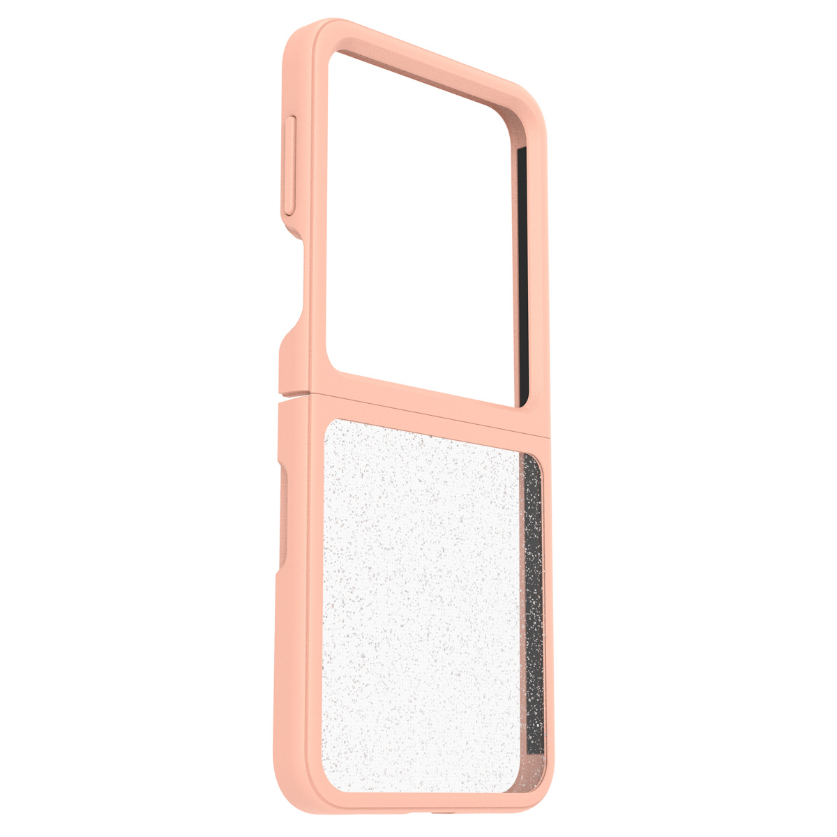 Custodia per telefono color pesca aperta. Sfondo bianco. Interno con piccoli punti bianchi.