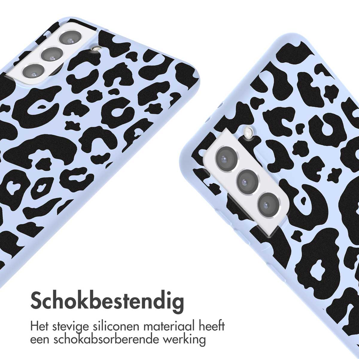 Twee telefoonhoesjes. Lichtblauw met zwarte luipaardvlekken. Tekst: Schokbestendig, Het stevige silicone...