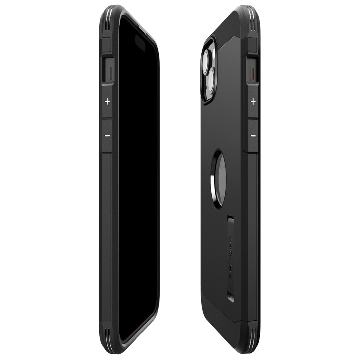 Two black phone cases, side by side. One with kickstand, both protective.