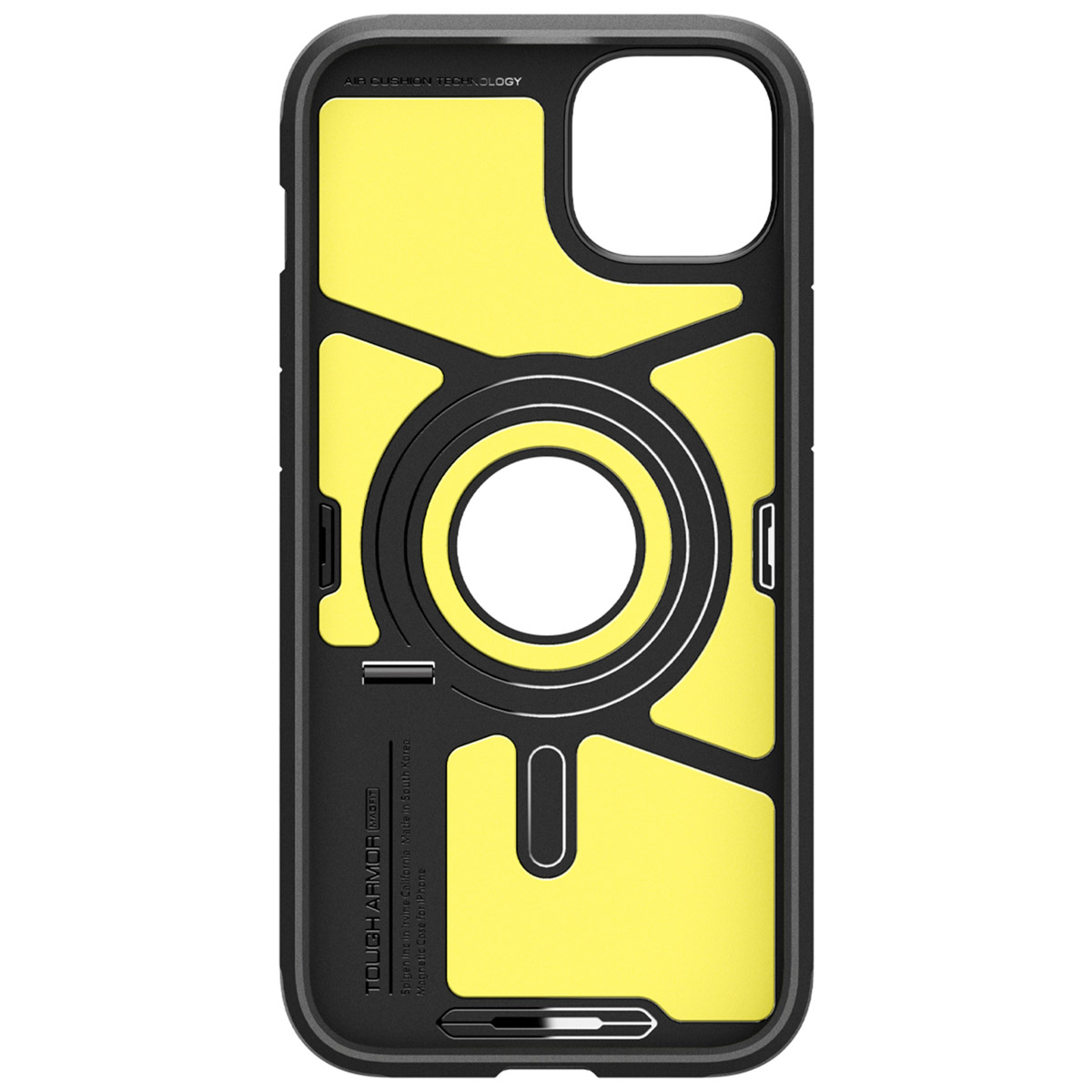 Yellow phone case with black accents. The inside of the case is yellow and black.