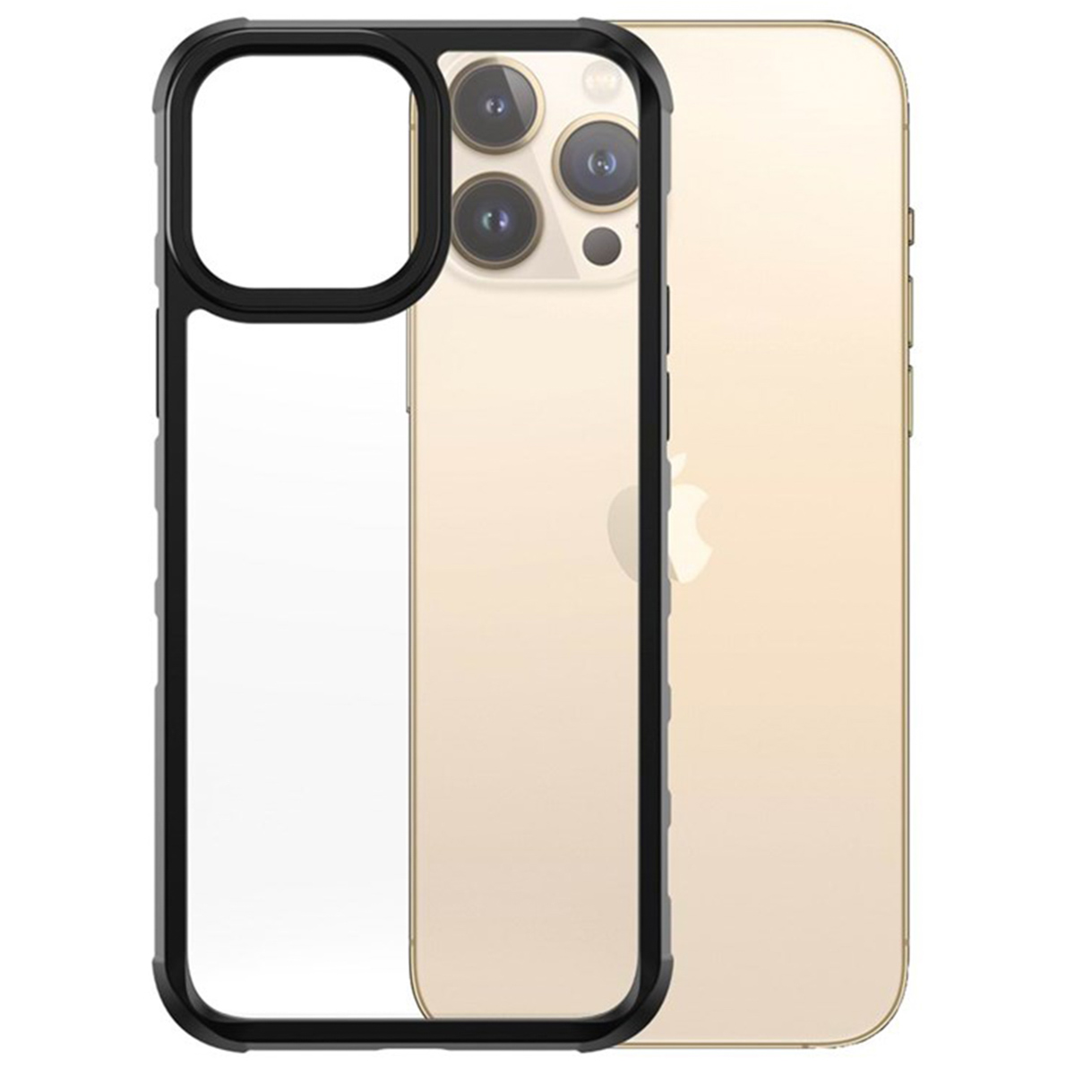 Zwart omrande telefoonhoes, met de telefoon erin. Achterkant van een telefoon.