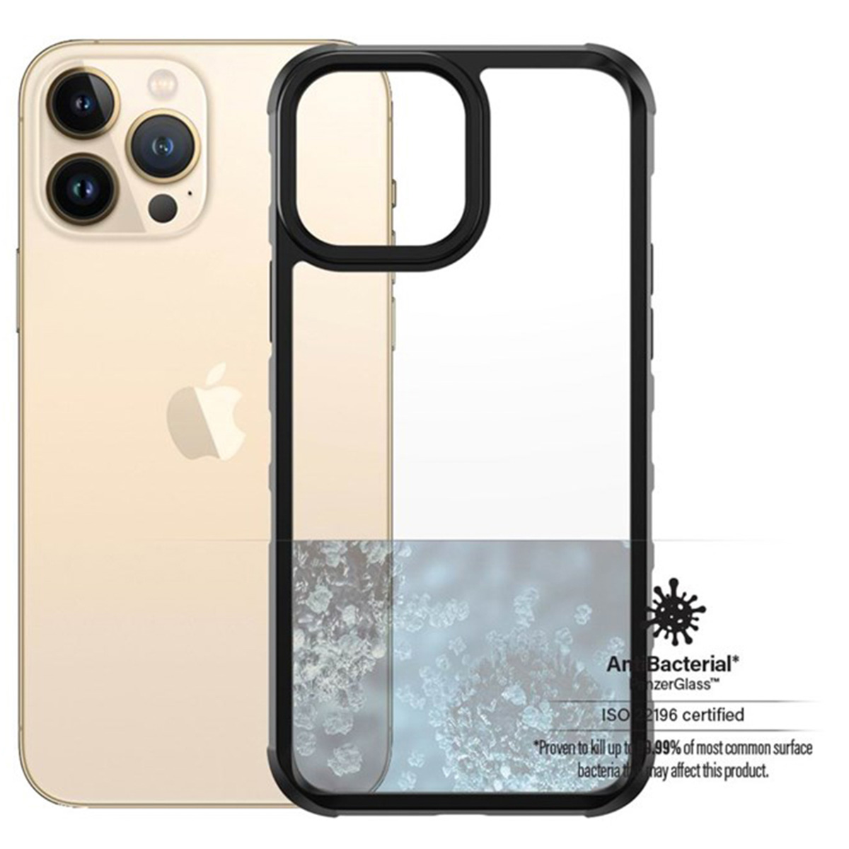 Gouden telefoon met zwarte hoes. Doorzichtige hoes op de telefoon. Hoes heeft logo.