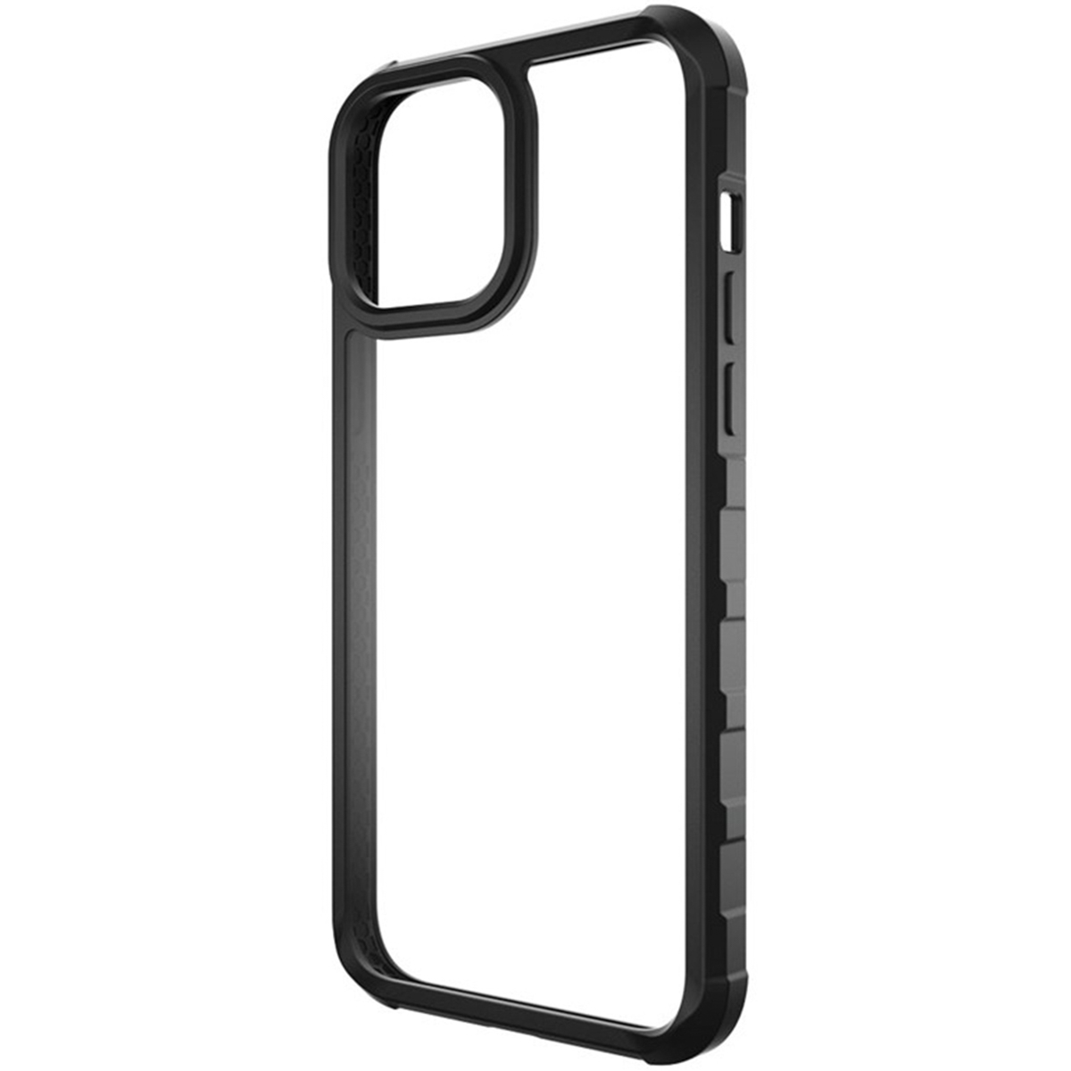 Een zwarte telefoonhoes met een helder frame, die het ontwerp van de telefoon laat zien. De hoes heeft een robuust ontwerp.