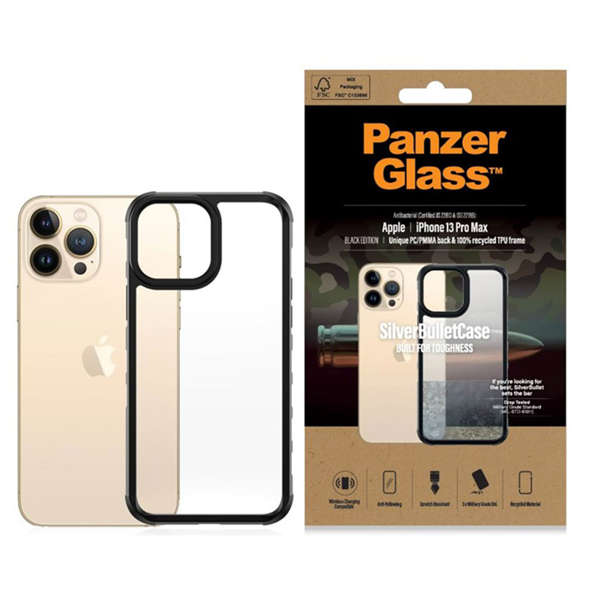 Telefoonhoes en doos. Zwarte telefoonhoes. Tekst op doos: PanzerGlass, Apple iPhone 13 Pro Max.