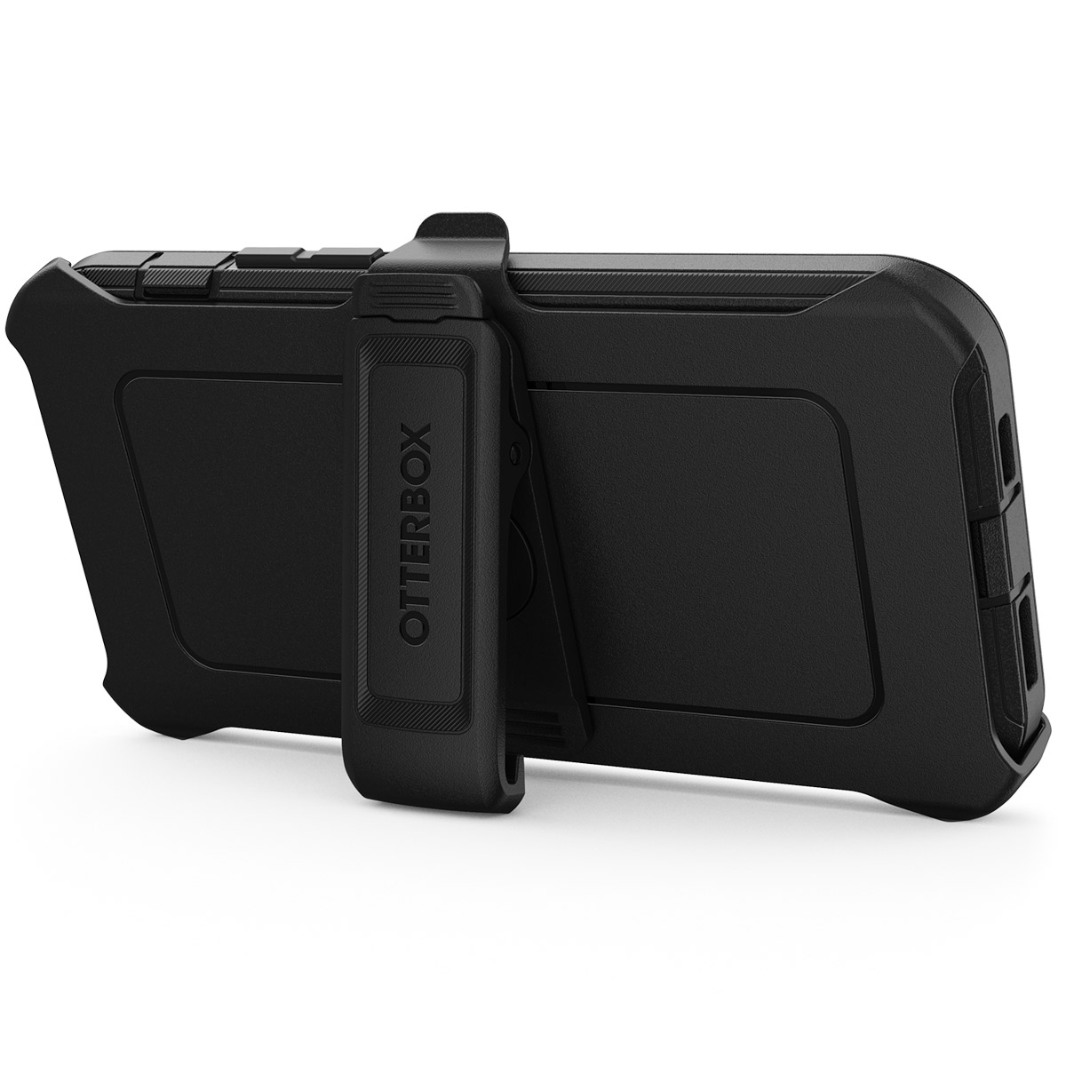 Coque de téléphone Otterbox noire. Design robuste avec clip pour ceinture. Fond blanc.