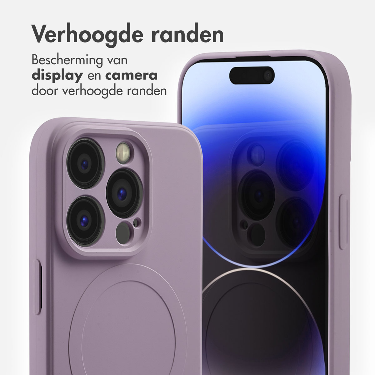 Zwei lila Handyhüllen, eine mit Telefon, Betonung auf Kamera- und Displayschutz.