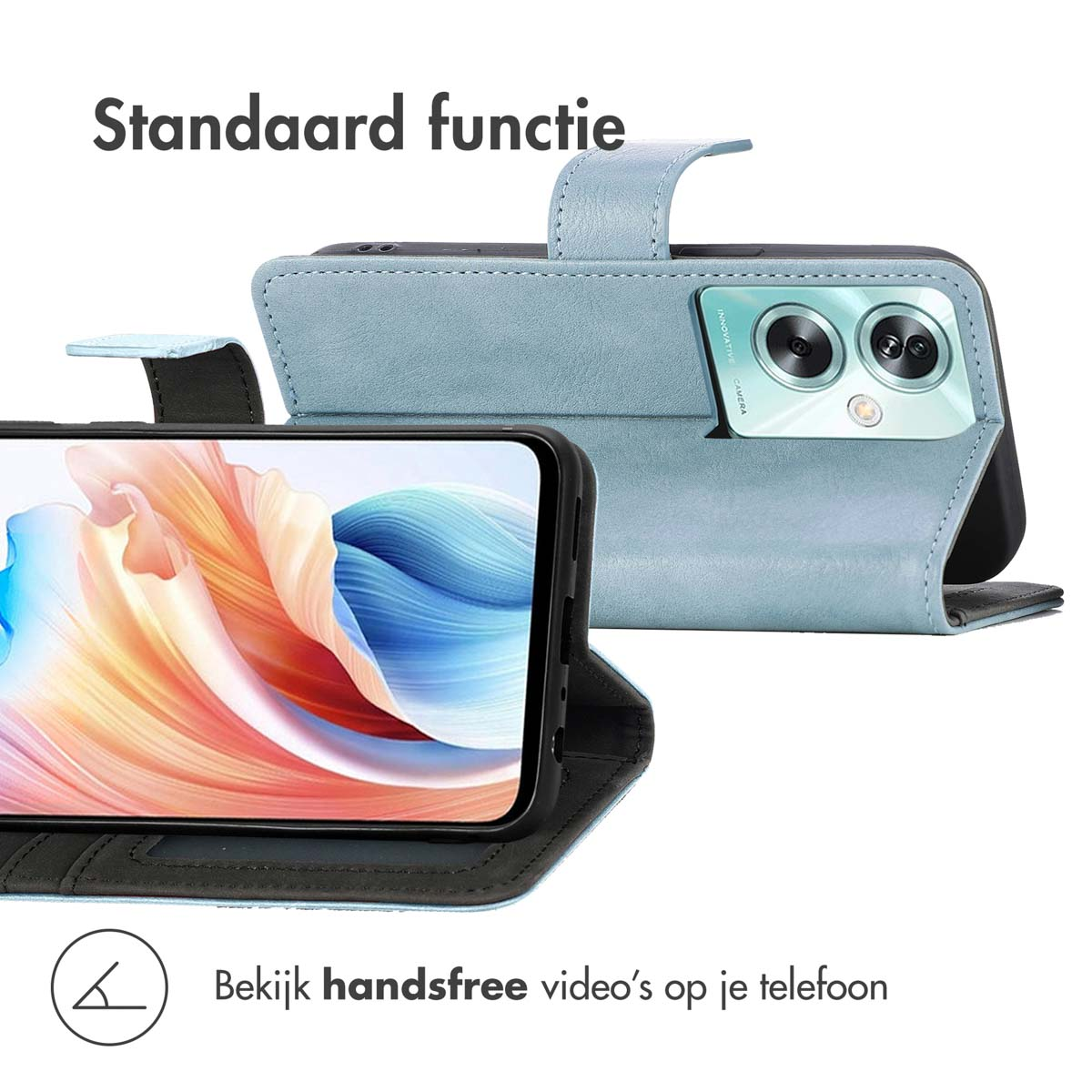 Coque de téléphone bleue avec un téléphone. Le téléphone est noir. La coque a un rabat.